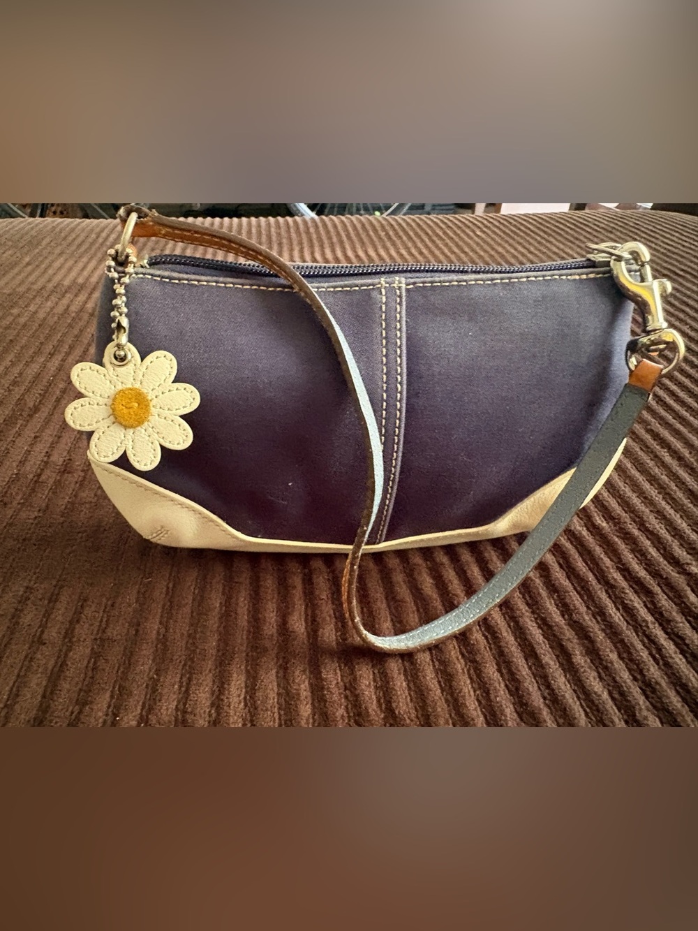 Coach Navy and White Wristlet Mini Bag with Flower Detail